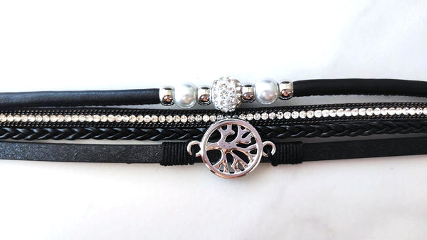 Pulsera Wrap Multi-Tira Negra con Charm Árbol de la Vida y Cristales Brillantes