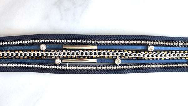 Pulsera Brazalete Multi-Capas Azul Marino con Cadenas y Strass